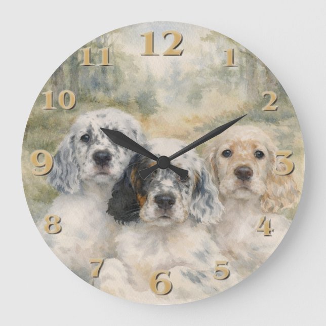 Reloj Redondo Grande Cachorros de Setter Inglés (Anverso)