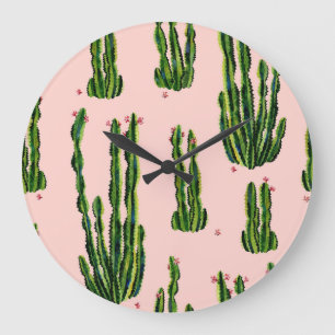 Reloj Redondo Grande Cacti acuarela: Floreciente patrón sin foco