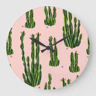 Reloj Redondo Grande Cacti acuarela: Floreciente patrón sin foco