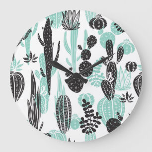 Reloj Redondo Grande Cacti de mano dibujada: Doodle Seamless