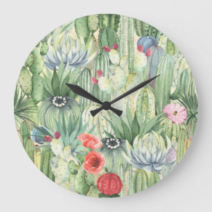 Reloj Redondo Grande Cacti, suculentos: acuarela floral.
