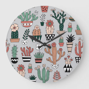 Reloj Redondo Grande Cactúos de brillo lindo: patrón dibujado a mano