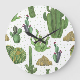 Reloj Redondo Grande Cactus acuarela, patrón natural sin fisuras.
