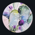 Reloj Redondo Grande Cactus acuarelas y florines | Monograma<br><div class="desc">Elegante ilustracion de cactus de color rosa,  azul y verde con números blancos durante el reloj.</div>
