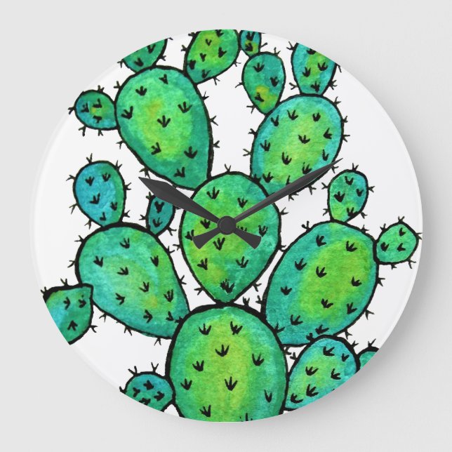 Reloj Redondo Grande Cactus de color de agua grandioso (Anverso)
