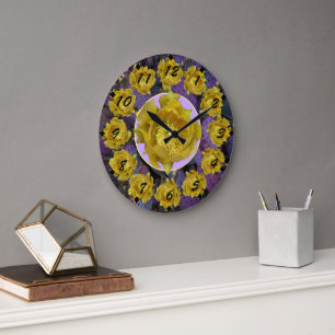 Reloj Redondo Grande Cactus de opuntia púrpura con flores amarillas cor