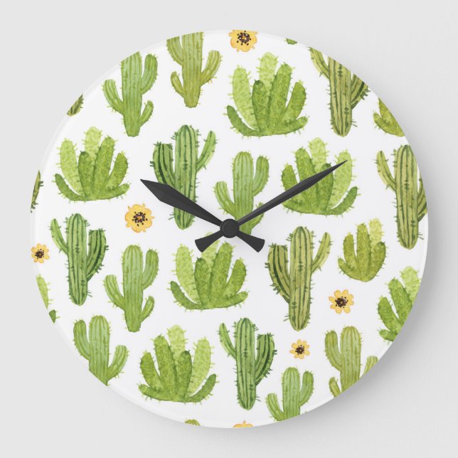 Reloj Redondo Grande Cactus del desierto verde: acuarela sin foco (Anverso)
