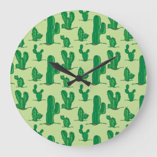 Reloj Redondo Grande Cactus dibujado a mano: patrón sin costura.