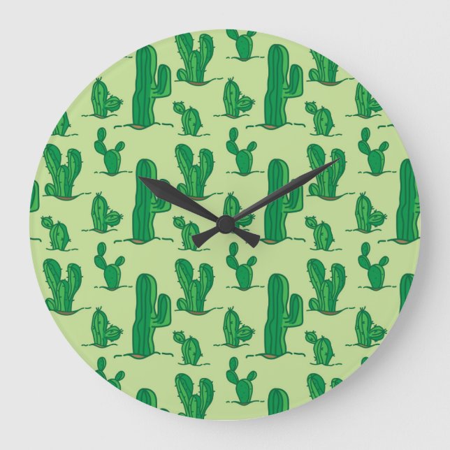 Reloj Redondo Grande Cactus dibujado a mano: patrón sin costura. (Anverso)