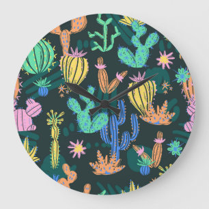 Reloj Redondo Grande Cactus dibujado a mano: sin costuras escandinavas.