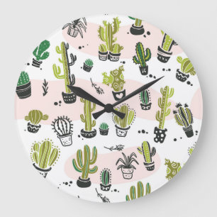 Reloj Redondo Grande Cactus dibujados a mano: sin costuras vintage.