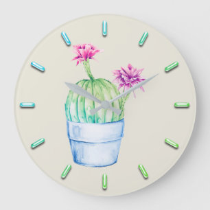 Reloj Redondo Grande Cactus Floral Pink Aqua Watercolor Mint IVORY
