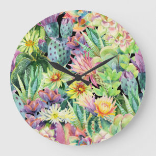 Reloj Redondo Grande Cactus floreciente, acuarela patrón sin fisuras.