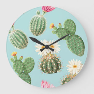 Reloj Redondo Grande Cactus, flores rosas: decoración luminosa