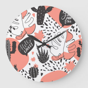 Reloj Redondo Grande Cactus, monstera: moderno patrón sin costuras.