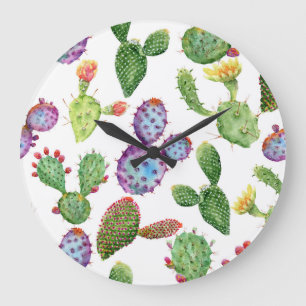 Reloj Redondo Grande Cactus Tropical: Patrón acuarela sin foco