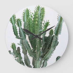Reloj Redondo Grande Cactus verdes: fondo blanco Minimalista
