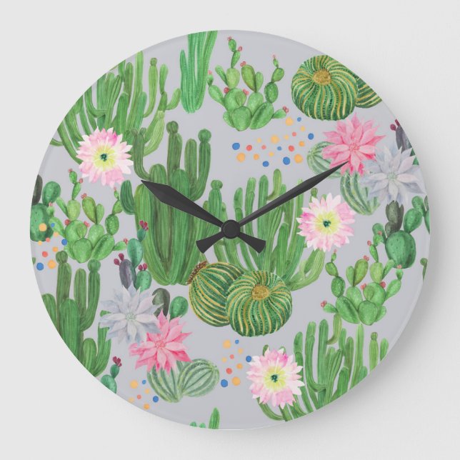 Reloj Redondo Grande Cactus y flores, pintura acuarela sin costura. (Anverso)