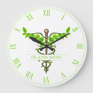 Reloj Redondo Grande Caduceo Médico Alternativo Hojas Verdes Blancas