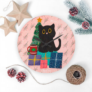 Reloj Redondo Grande Café Gato Negro Mono Rosa Festivo Navideño