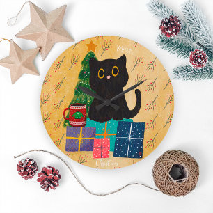 Reloj Redondo Grande Café Gato Negro Naranja Festivo Feliz Navidad
