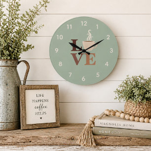 Reloj Redondo Grande Café Verde Salvia Amor Granja Moderna