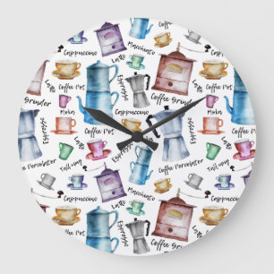 Reloj Redondo Grande Cafés de color de agua, tazas de expreso, tazas d