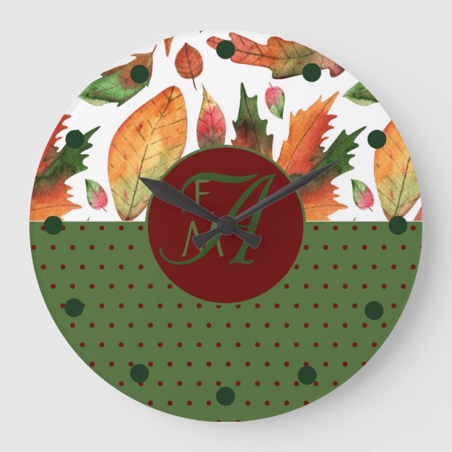 Reloj Redondo Grande Caída Monogramada Sale Decoración Verde Rojo Otoño (Anverso)