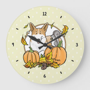 Reloj Redondo Grande Caída Pembroke Welsh Corgi (rojo 1) Calabazas Cute