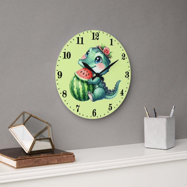 Reloj Redondo Grande Caimán amantes de sandía lindos (Oficina)