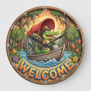Reloj Redondo Grande Caimán de Airboat Bienvenido a Bayou