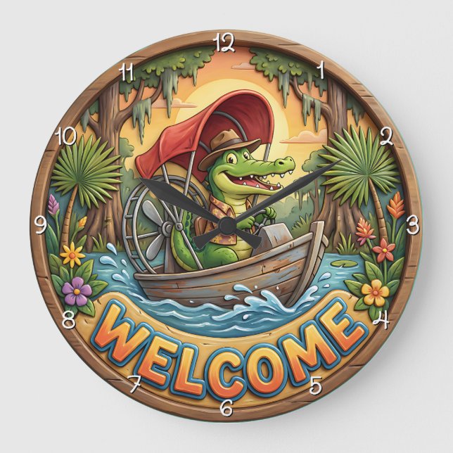 Reloj Redondo Grande Caimán de Airboat Bienvenido a Bayou (Anverso)