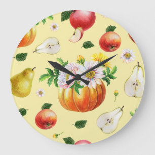 Reloj Redondo Grande Calabaza, crisantemo: ilustracion de fruta otoñal.
