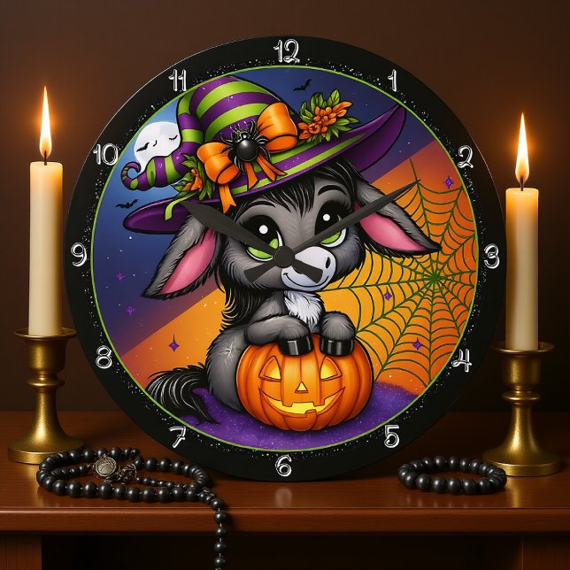 Reloj Redondo Grande Calabaza de bruja de burro de Halloween (Subido por el creador)