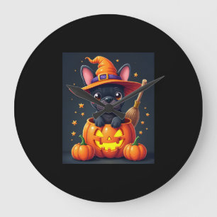 Reloj Redondo Grande Calabaza de calabaza de Bulldog francés Halloween 