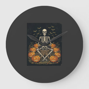 Reloj Redondo Grande Calabaza De Esqueleto De Halloween Diseño Retro Vi