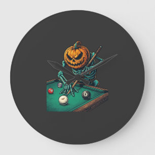 Reloj Redondo Grande Calabaza de Halloween Esqueleto Jugando Billar Pis