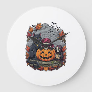 Reloj Redondo Grande Calabaza de Halloween Gato Cráneo Segador Otoño Ho
