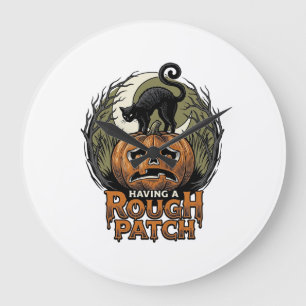 Reloj Redondo Grande Calabaza de Halloween Gato Parche Áspero Grabado A