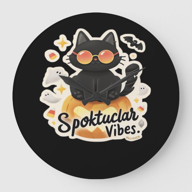 Reloj Redondo Grande Calabaza de Halloween para gato negro lindo camise (Anverso)