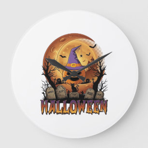 Reloj Redondo Grande Calabaza de Halloween Sombrero de Bruja Gato Negro