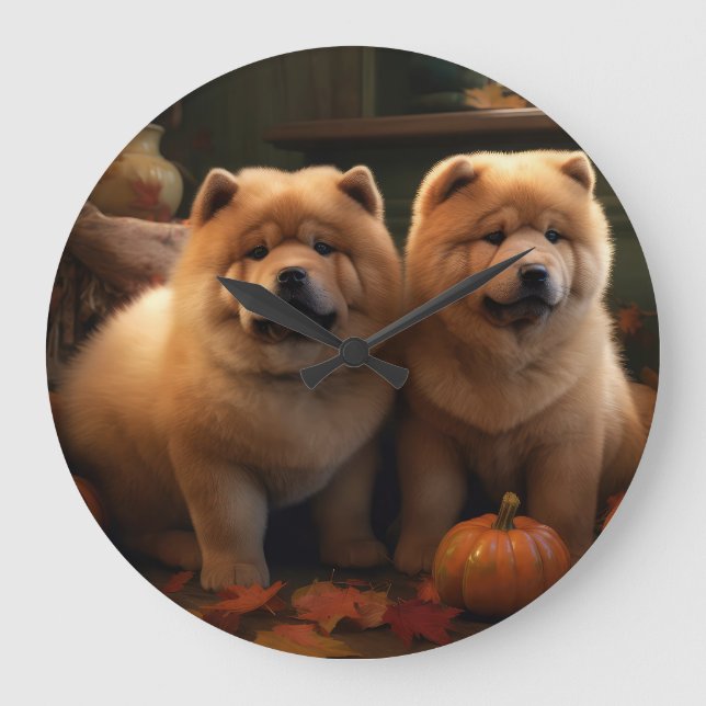 Reloj Redondo Grande Calabaza deslumbrante Chow Chow Puppy Autumn (Anverso)