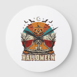 Reloj Redondo Grande Calabaza Esqueleto Meditando Halloween Retro Sol B