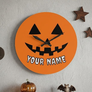 Reloj Redondo Grande Calabaza Naranja Personalizada de Halloween con Tu