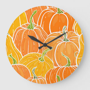 Reloj Redondo Grande Calabaza personalizado, lindo patrón otoño.