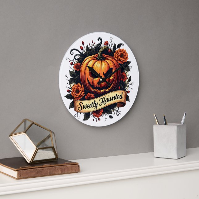 Reloj Redondo Grande Calabaza veneciana dulce | Halloween floral (Oficina)
