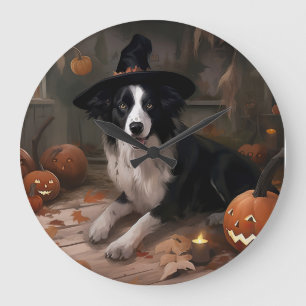 Reloj Redondo Grande Calabazas Border Collie Halloween Aterradoras