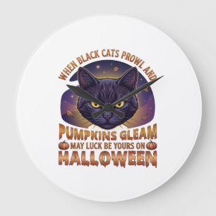 Reloj Redondo Grande Calabazas Brillan Halloween Gato Negro Hojas Caída