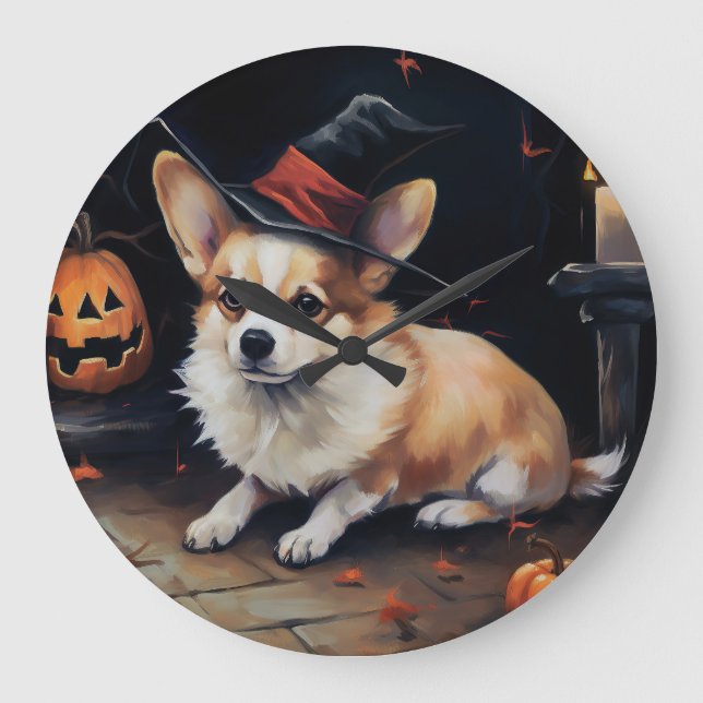 Reloj Redondo Grande Calabazas Corgi Halloween Espeluznantes (Anverso)