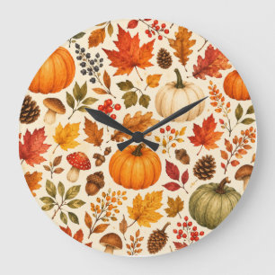 Reloj Redondo Grande Calabazas de Acuarela de Otoño, Hojas de Otoño y B